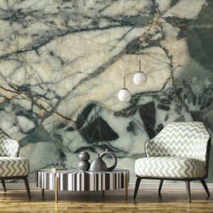 Interior of modern living room with striped accent coffee table and classical patterned armchairs, stone stucco wall. Home design with pendant light. 3d rendering