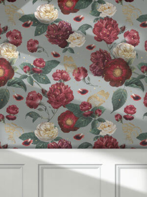 Vintage wallpaper red flowers mockup